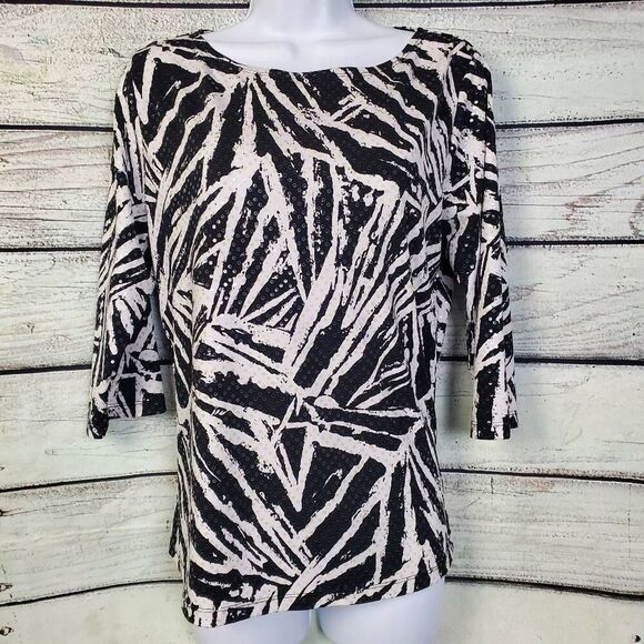 Tribal Black White Abstract Sequin Top 3/4 Sleeve Size L - Picture 1 of 6